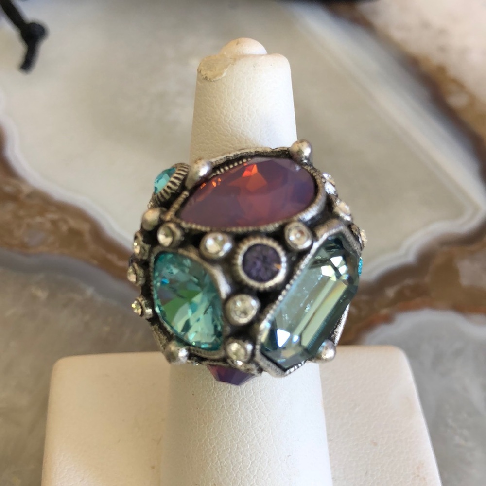 Stunning Antiqued Silver Pastel Crystal Statement Ring-Adjustable
